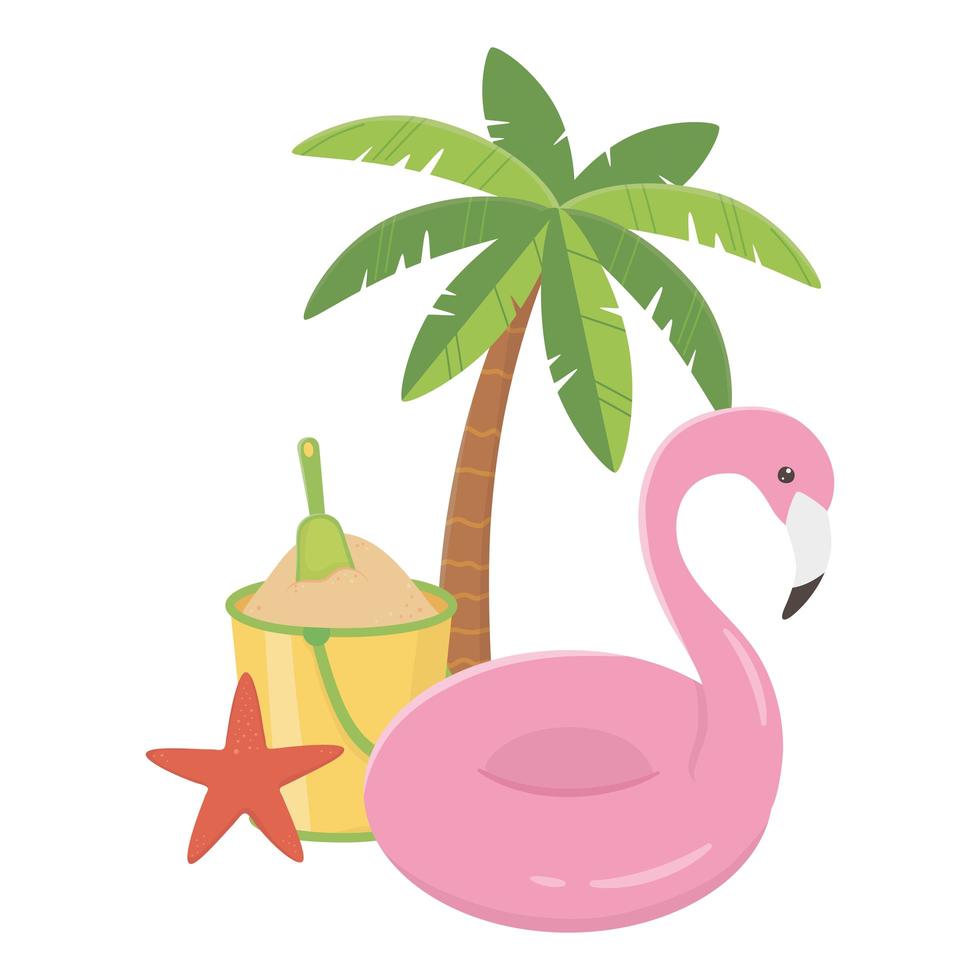 voyage d'été et vacances flotteur flamingo sable seau pelle palmier vecteur