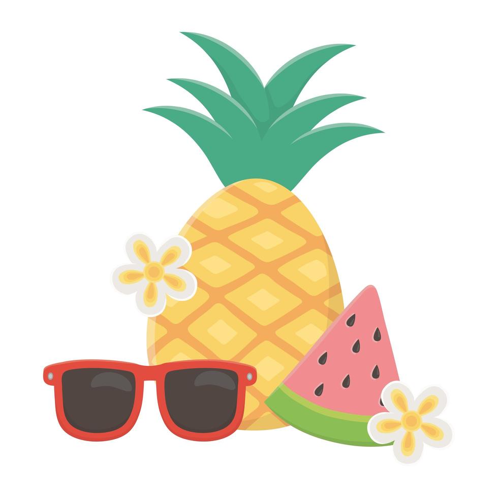 Voyage d'été et vacances plage ananas pastèque et lunettes de soleil avec icône du design isolé de fleurs vecteur