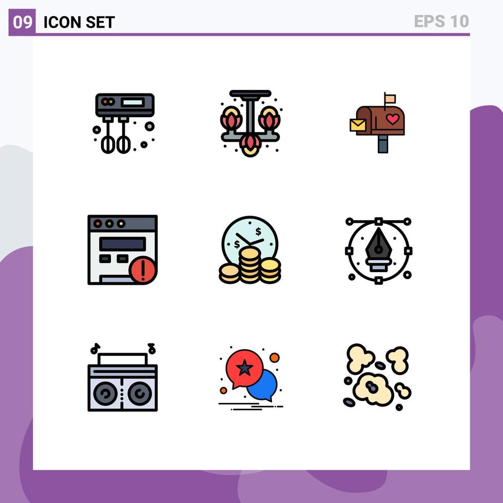 9 concept de couleur plate fillline pour les sites Web mobiles et applications alerte de site Web de courrier d'entreprise d'argent éléments de conception vectoriels modifiables vecteur