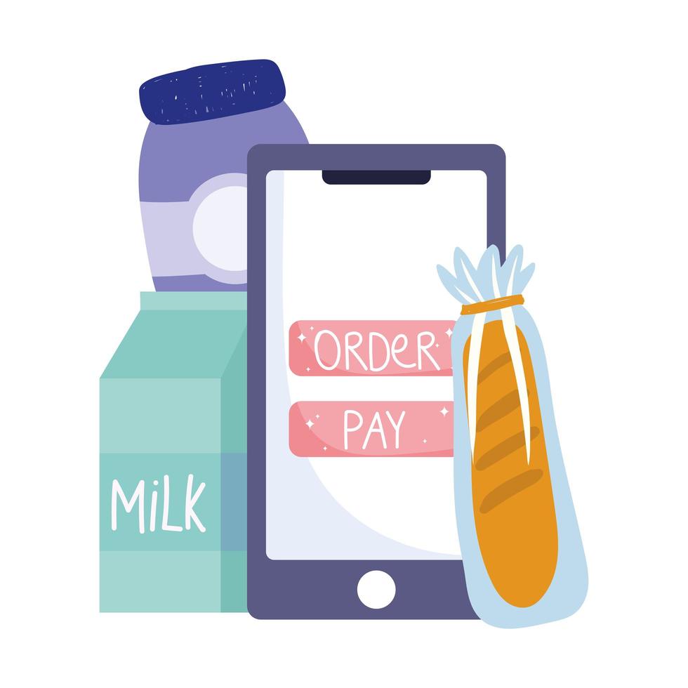 Marché en ligne, livraison de nourriture de pain de lait smartphone en épicerie vecteur