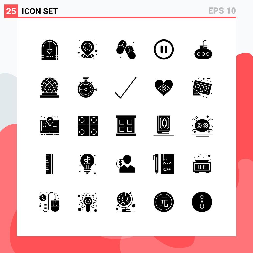 groupe de 25 signes et symboles de glyphes solides pour la construction de tongs bathyscaph interface utilisateur éléments de conception vectoriels modifiables vecteur