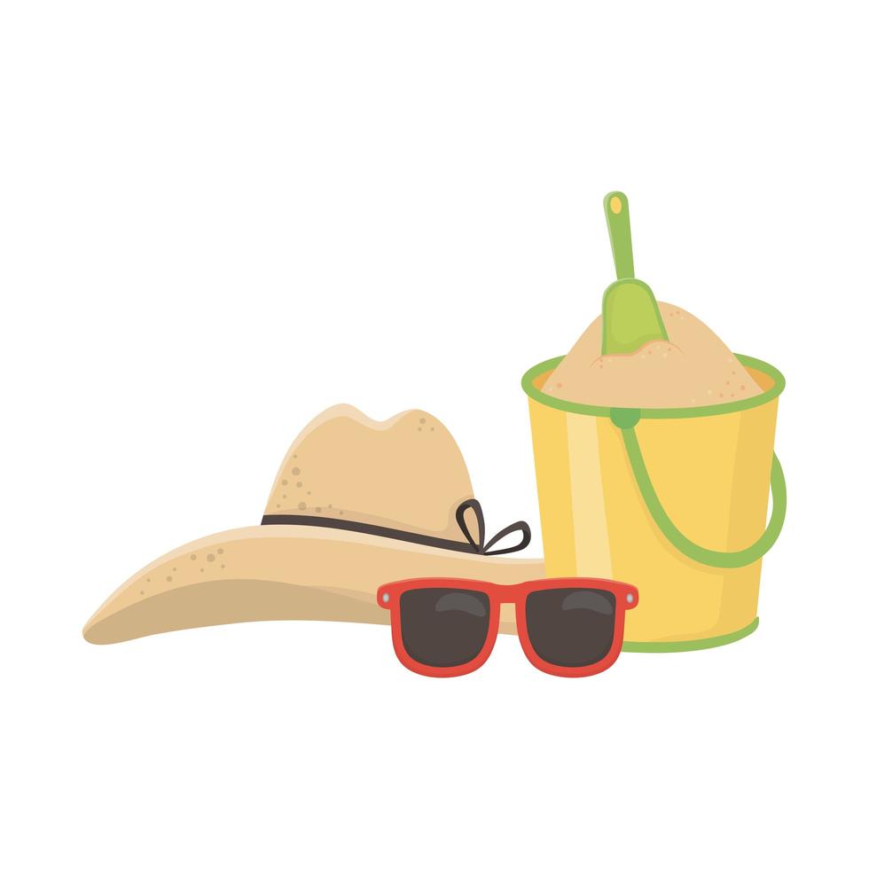 bonjour été voyage et vacances chapeau lunettes de soleil seau de sable feuilles vecteur