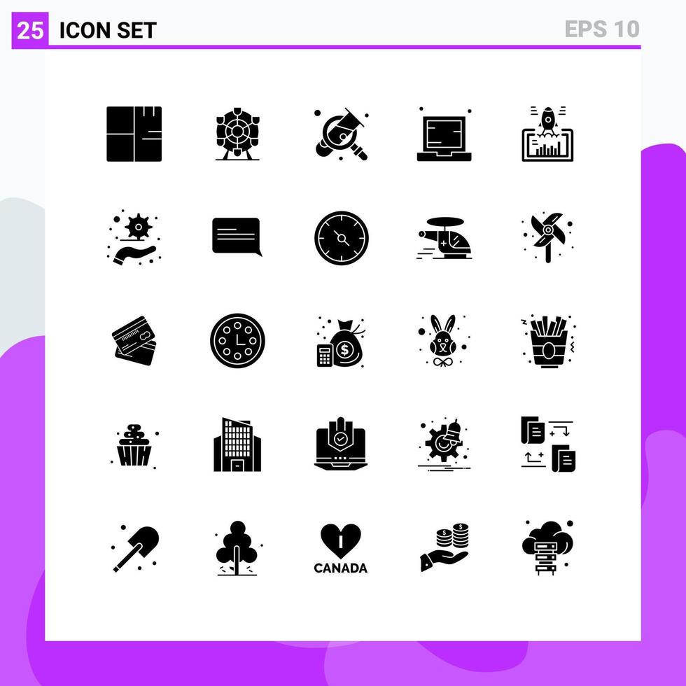 groupe de 25 signes et symboles de glyphes solides pour lancer des éléments de conception vectoriels modifiables par ordinateur portable vecteur