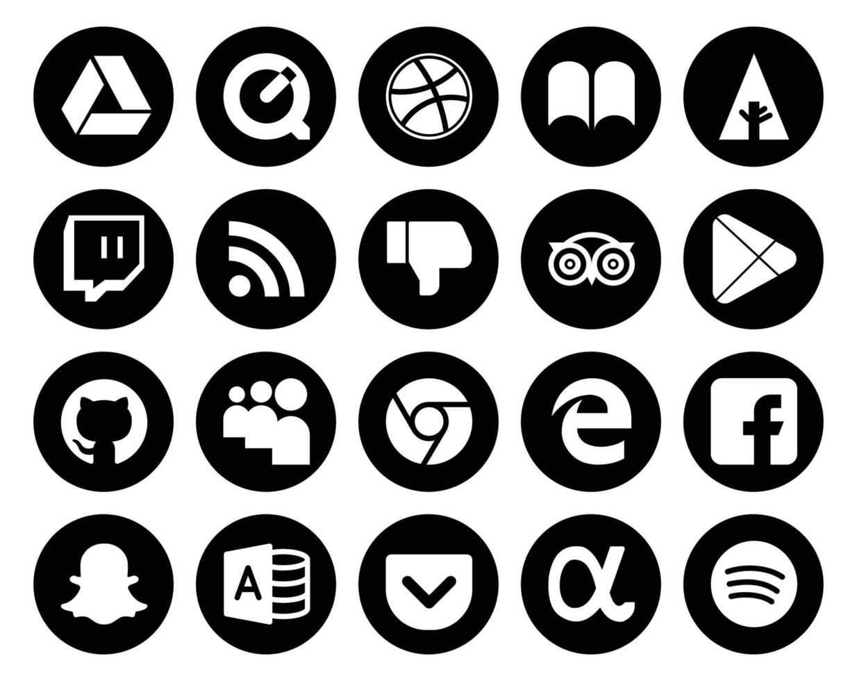 pack de 20 icônes de médias sociaux, y compris snapchat edge tripadvisor chrome github vecteur
