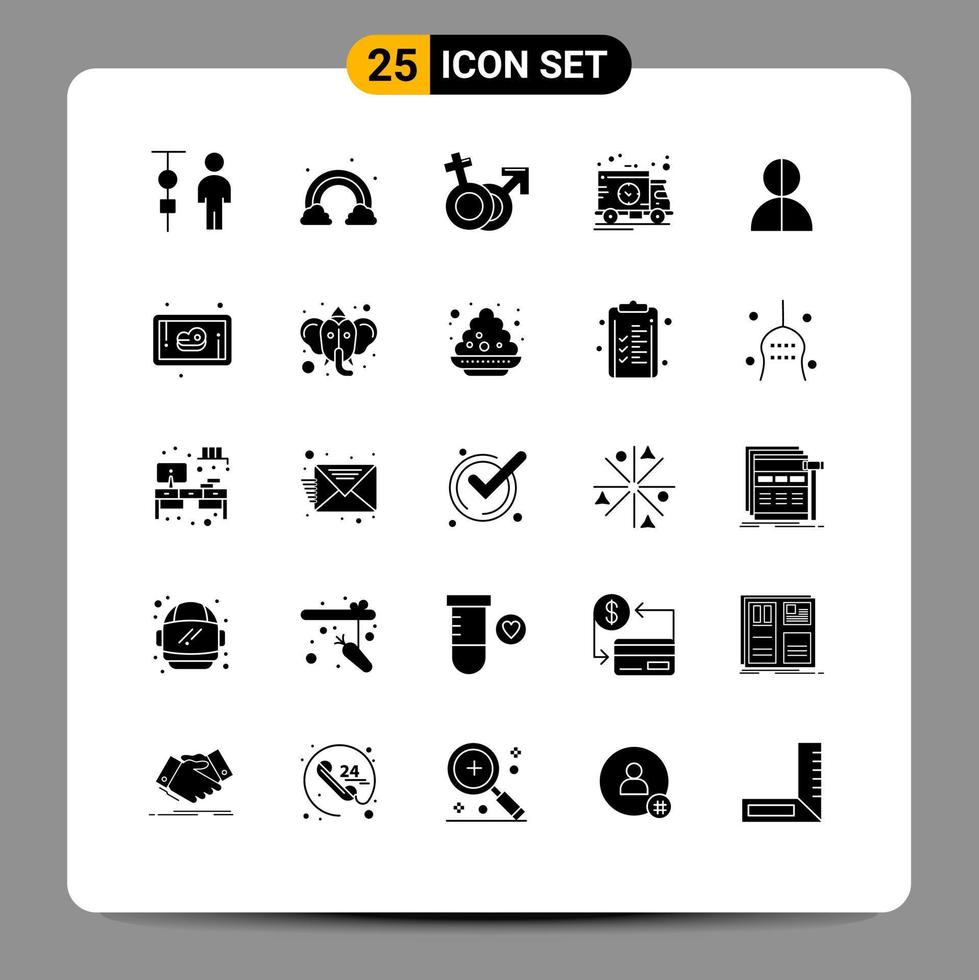 pack de 25 glyphes solides créatifs d'éléments de conception vectoriels modifiables masculins de livraison d'onde de temps de camion vecteur