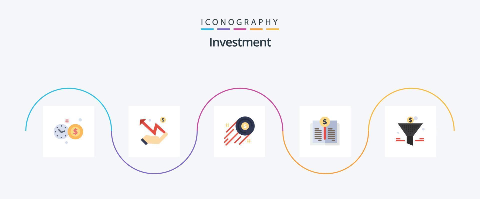 pack d'icônes d'investissement plat 5, y compris le pourcentage de gain. filtre. pièce d'un dollar. investissement. valeur comptable vecteur