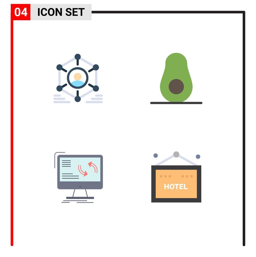 4 icônes plates universelles définies pour les applications web et mobiles réseau synchroniser les personnes données alimentaires éléments de conception vectoriels modifiables vecteur