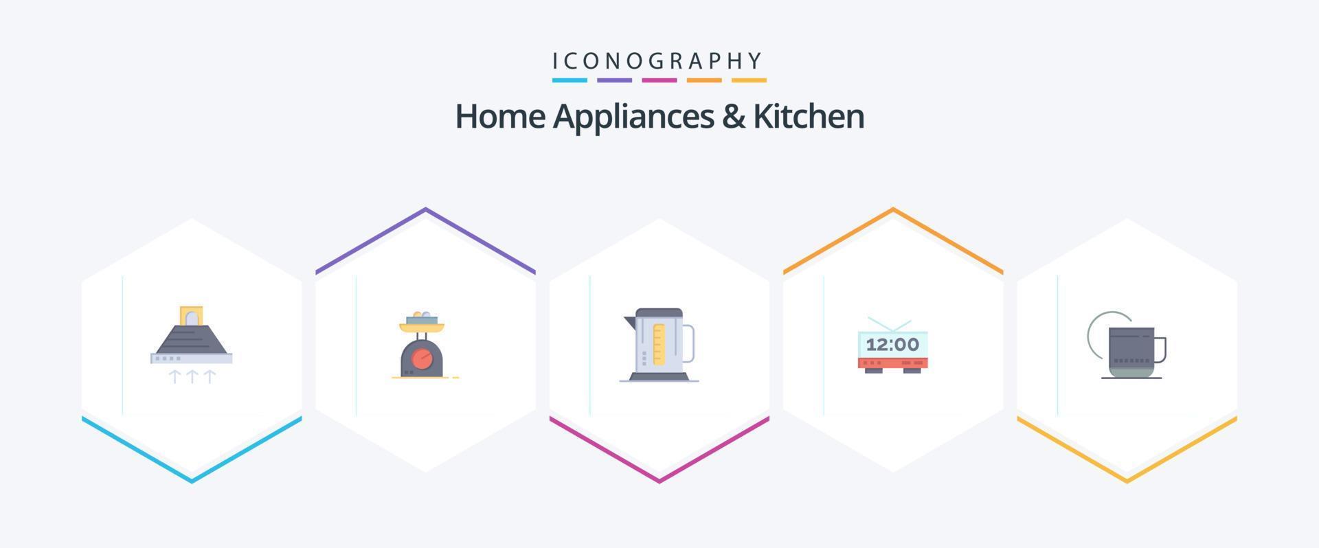 appareils électroménagers et cuisine 25 pack d'icônes plates comprenant du thé. temps. masse. électrique. Hôtel vecteur