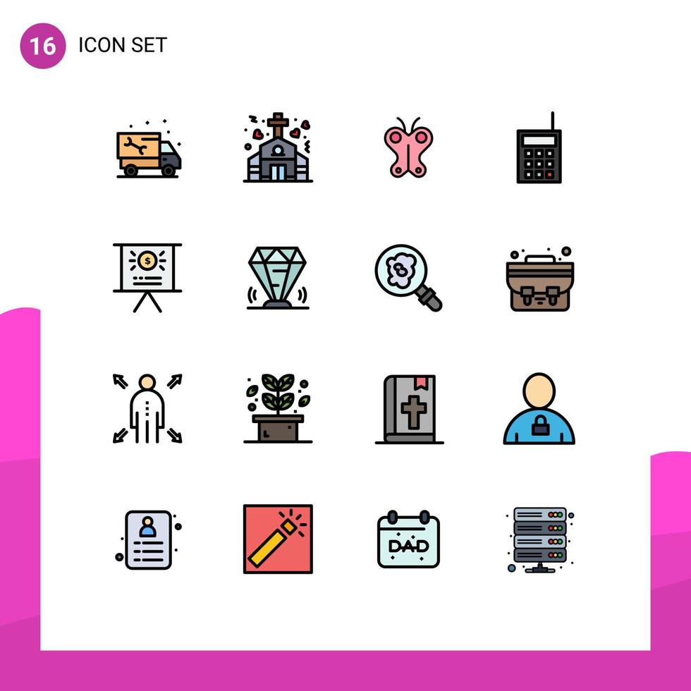 interface mobile ligne remplie de couleurs plates ensemble de 16 pictogrammes de matériel de mariage radio walkie nature éléments de conception vectoriels créatifs modifiables vecteur