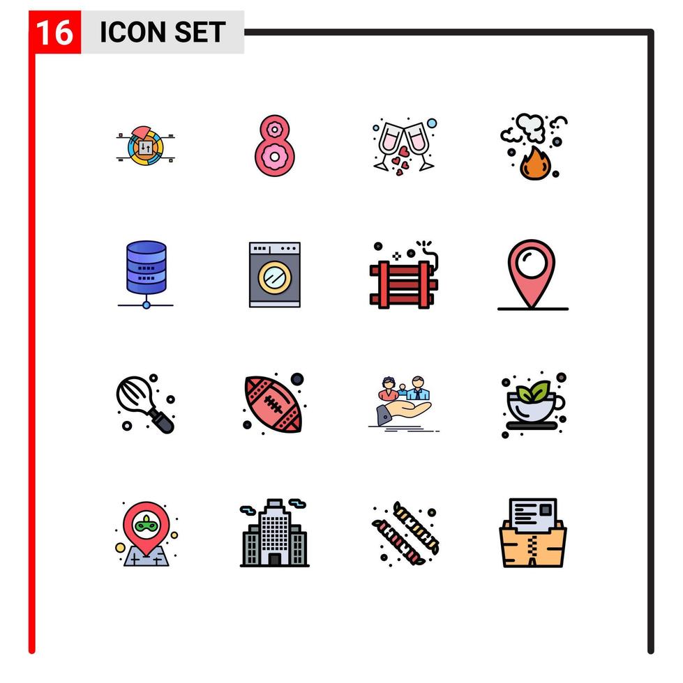 ensemble moderne de 16 lignes et symboles remplis de couleurs plates tels que serveur fumée verre pollution feu éléments de conception vectoriels créatifs modifiables vecteur