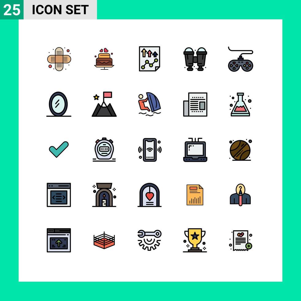 interface mobile ligne remplie couleur plate ensemble de 25 pictogrammes de contrôleur de jeu jumelles de voyage élevées éléments de conception vectoriels modifiables vecteur