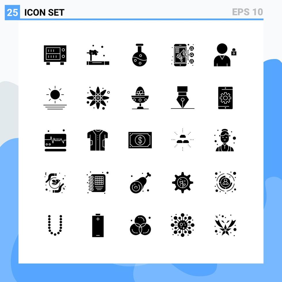 ensemble de 25 glyphes solides universels pour les applications web et mobiles expérience de verrouillage de plage bloc travail d'équipe éléments de conception vectoriels modifiables vecteur