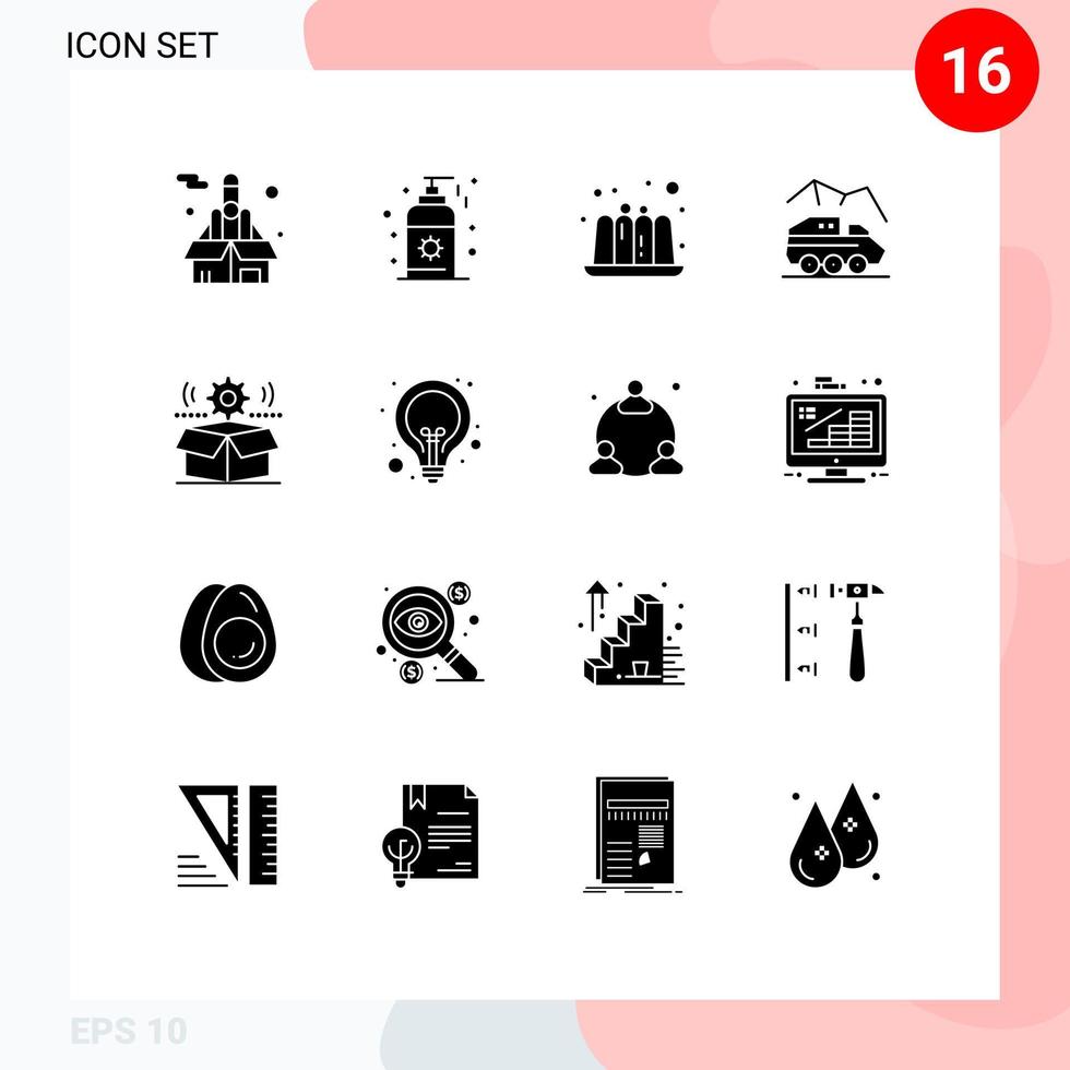 groupe de 16 glyphes solides modernes définis pour les éléments de conception vectoriels modifiables du rover de transport alimentaire de la boîte à roues vecteur