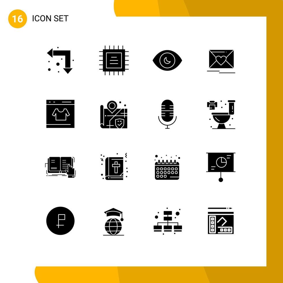 interface mobile glyphe solide ensemble de 16 pictogrammes de carte en ligne oeil humain mariage amour éléments de conception vectoriels modifiables vecteur
