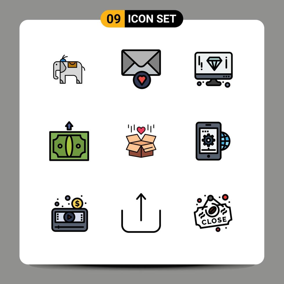 pack de couleurs plates remplies de 9 symboles universels d'éléments de conception vectoriels modifiables d'argent de boîte de page de livraison d'entreprise vecteur
