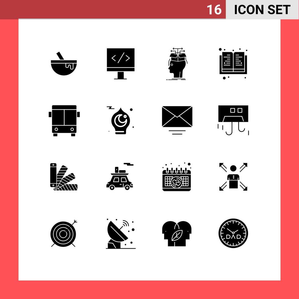 ensemble moderne de 16 glyphes et symboles solides tels que le transport automobile extraction livre scientifique éléments de conception vectoriels modifiables vecteur
