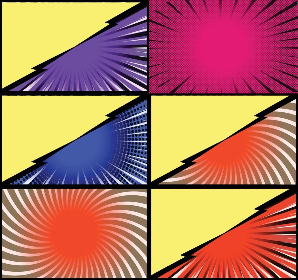 fond de cadres colorés de bande dessinée avec des rayons de demi-teintes effets radiaux et pointillés style pop art vecteur