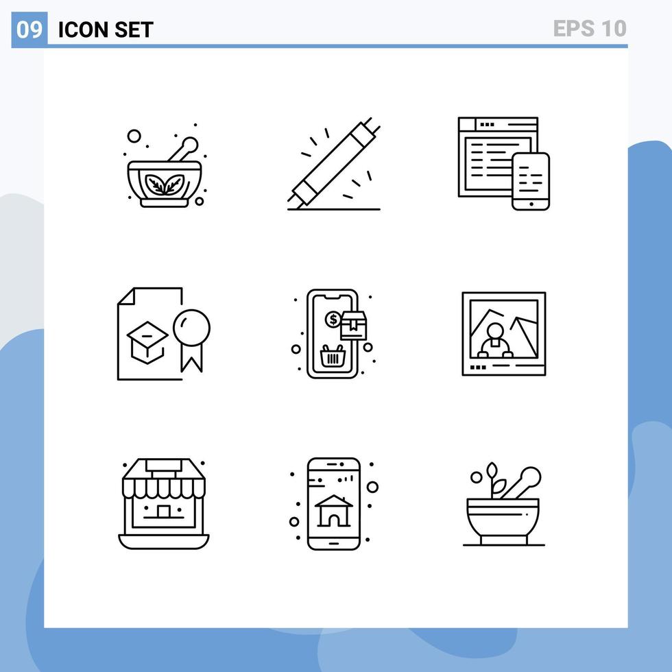 aperçu de l'interface mobile ensemble de 9 pictogrammes de diplôme de matériel d'enseignement universitaire éléments de conception vectoriels modifiables mobiles vecteur