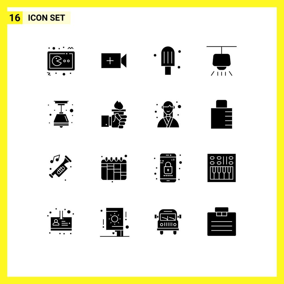 ensemble de 16 pack de glyphes solides commerciaux pour les éléments de conception vectoriels modifiables de lampe électrique crème légère entreprise vecteur