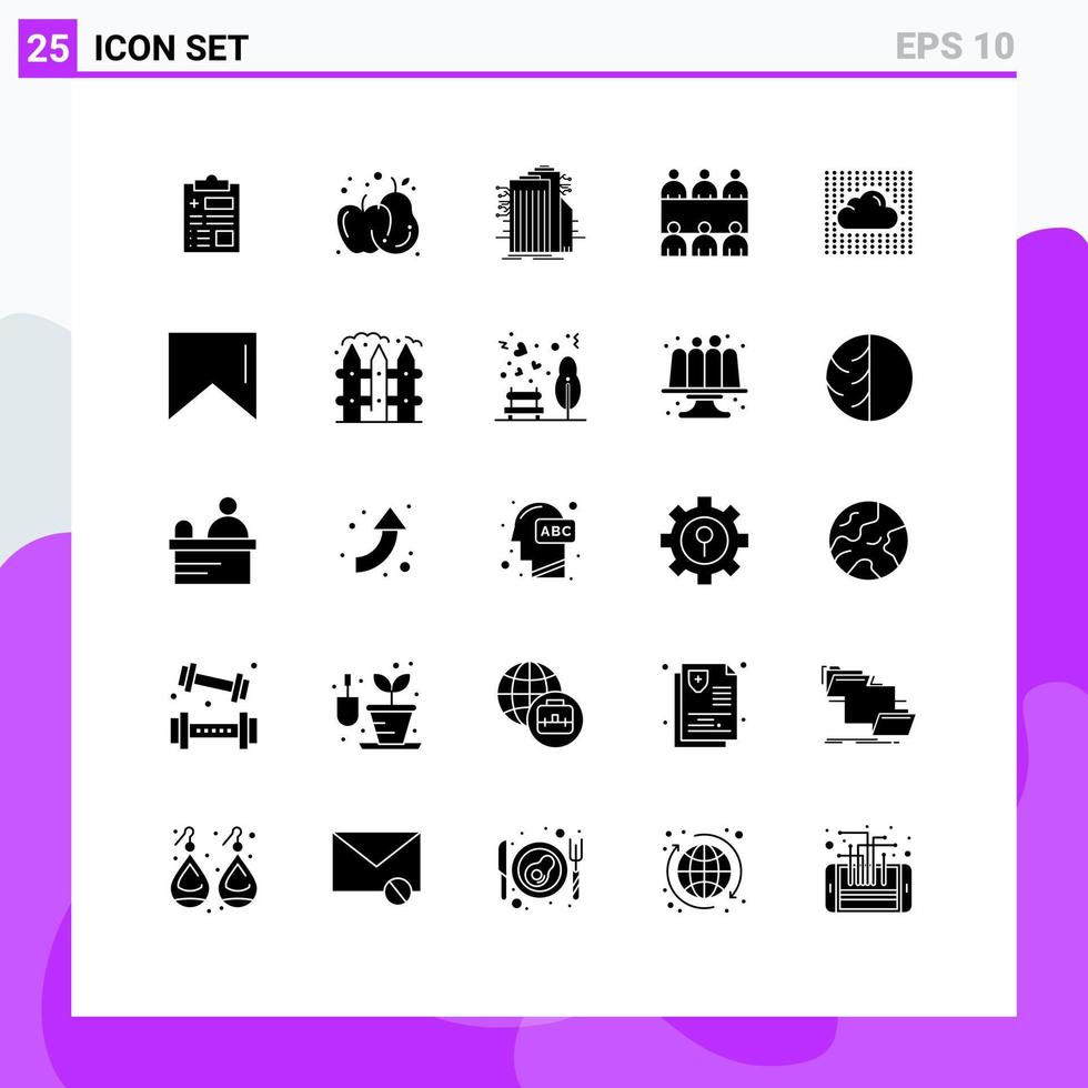25 glyphes solides universels définis pour les applications web et mobiles sky cloud technology table conference éléments de conception vectoriels modifiables vecteur