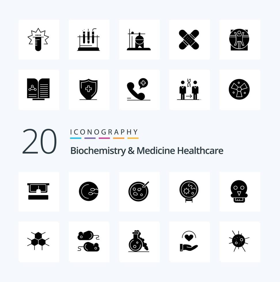 20 pack d'icônes de glyphe solide biochimie et médecine soins de santé comme le crâne de la mort recherche petri bactérie médicale vecteur