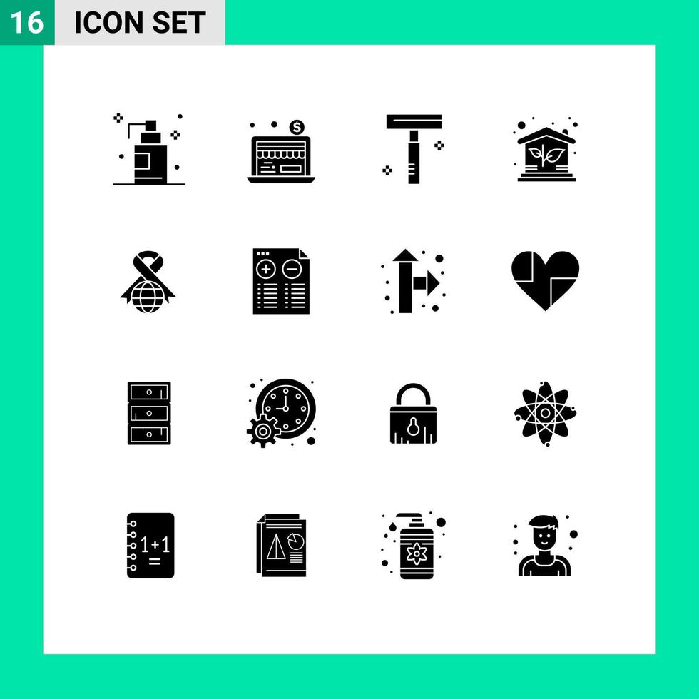 groupe de 16 signes et symboles de glyphes solides pour les éléments de conception vectoriels modifiables d'investissement dans les soins du rasoir à ruban mondial vecteur