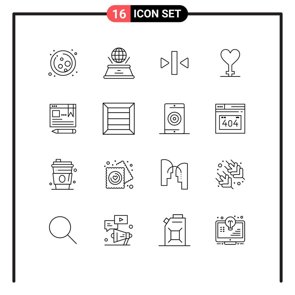 pack de 16 contours créatifs d'éléments de conception vectoriels modifiables de symbole de jeu de navigateur de stylo vecteur