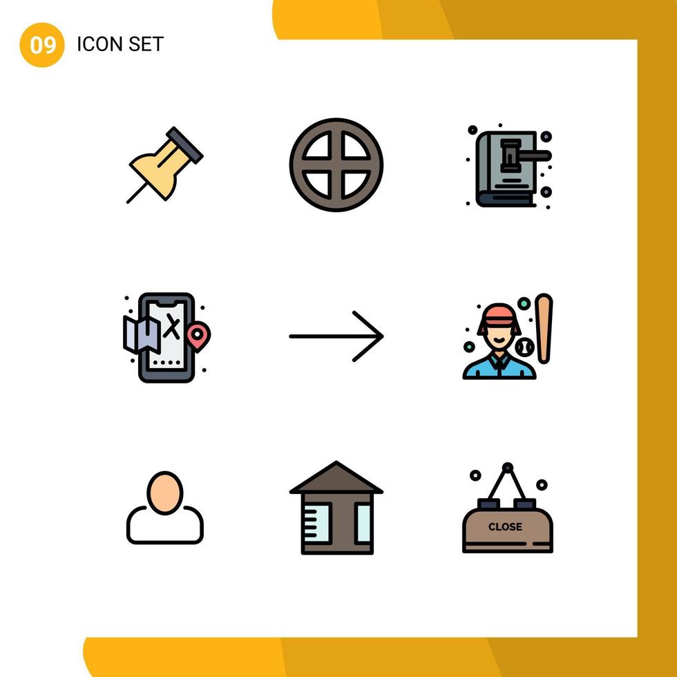 interface mobile filledline couleur plate ensemble de 9 pictogrammes d'enchères de la vie de la flèche livre de droit de la ville éléments de conception vectoriels modifiables vecteur