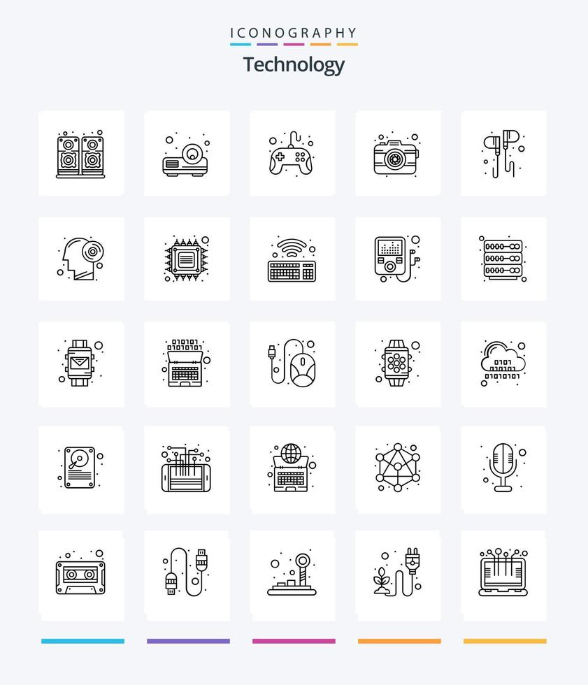 technologie créative 25 pack d'icônes de contour telles que la musique. main. Jeu. libre. la photographie vecteur