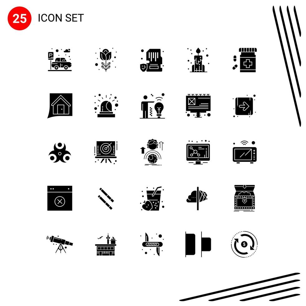 ensemble moderne de 25 glyphes et symboles solides tels que des éléments de conception vectoriels modifiables de bougie chinoise de dispositif de bouteille de médicaments vecteur