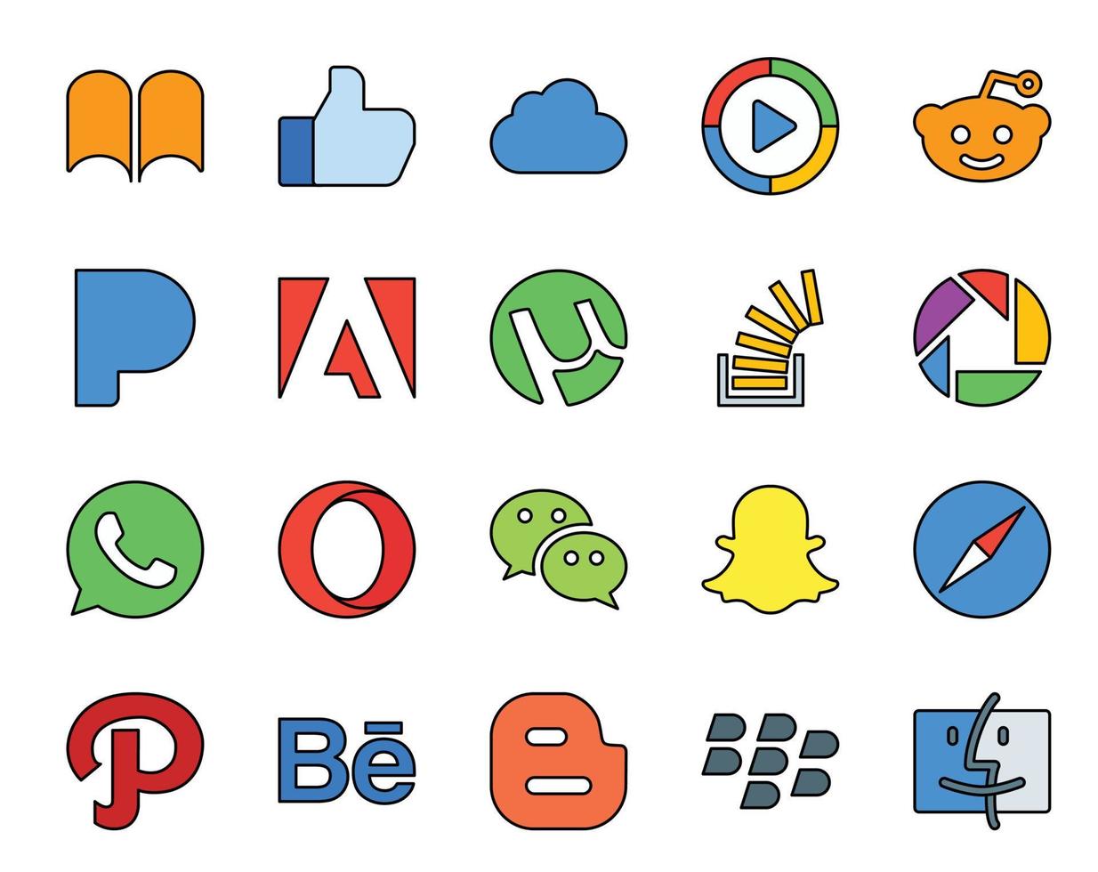 20 pack d'icônes de médias sociaux, y compris le débordement WhatsApp de Messenger Opera utorrent vecteur