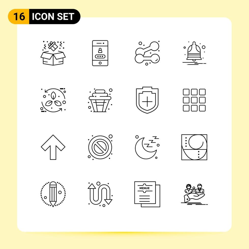 groupe de 16 contours des signes et des symboles pour les éléments de conception vectoriels modifiables de notification d'alarme d'exercice éco bio vecteur