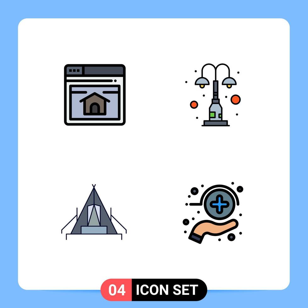 4 concept de couleur plate fillline pour les sites Web mobile et applications seo tente page d'accueil lumières camp éléments de conception vectoriels modifiables vecteur