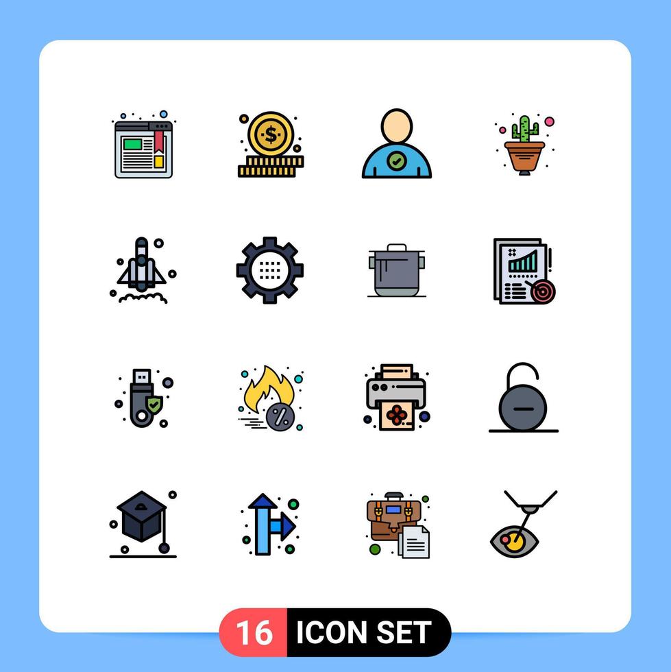 groupe de 16 signes et symboles de lignes remplies de couleurs plates pour la configuration démarrage utilisateur fusée pot de fleur éléments de conception vectoriels créatifs modifiables vecteur