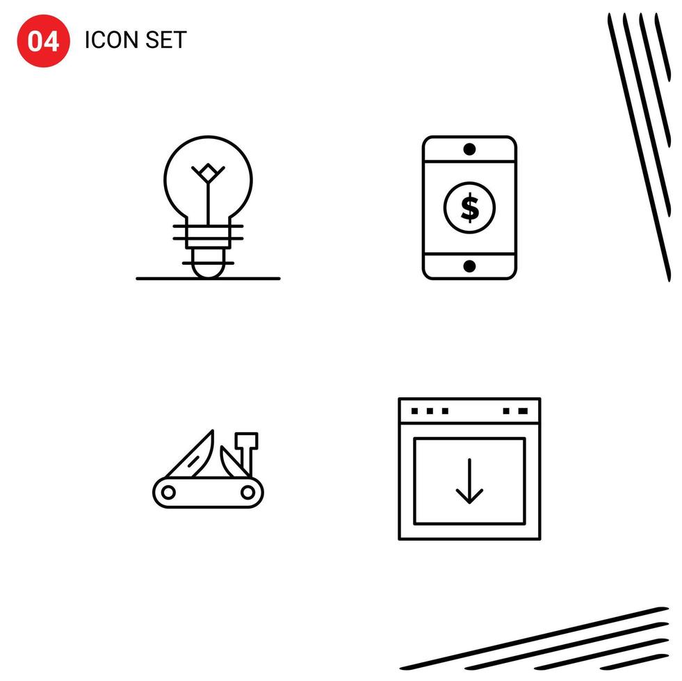 ligne d'interface mobile ensemble de 4 pictogrammes d'éléments de conception vectoriels modifiables de l'application de l'armée du dollar du couteau de poche de l'ampoule vecteur