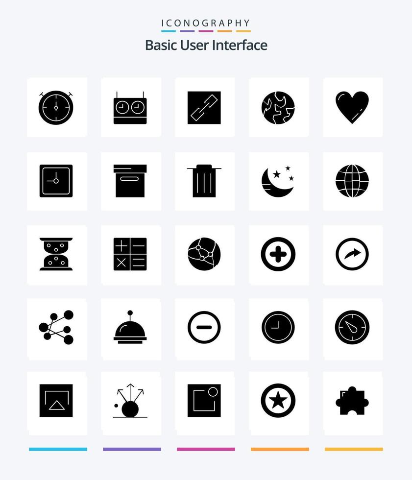 pack d'icônes noir solide de 25 glyphes créatifs de base tels que les archives. Date. la terre. l'horloge. aimer vecteur