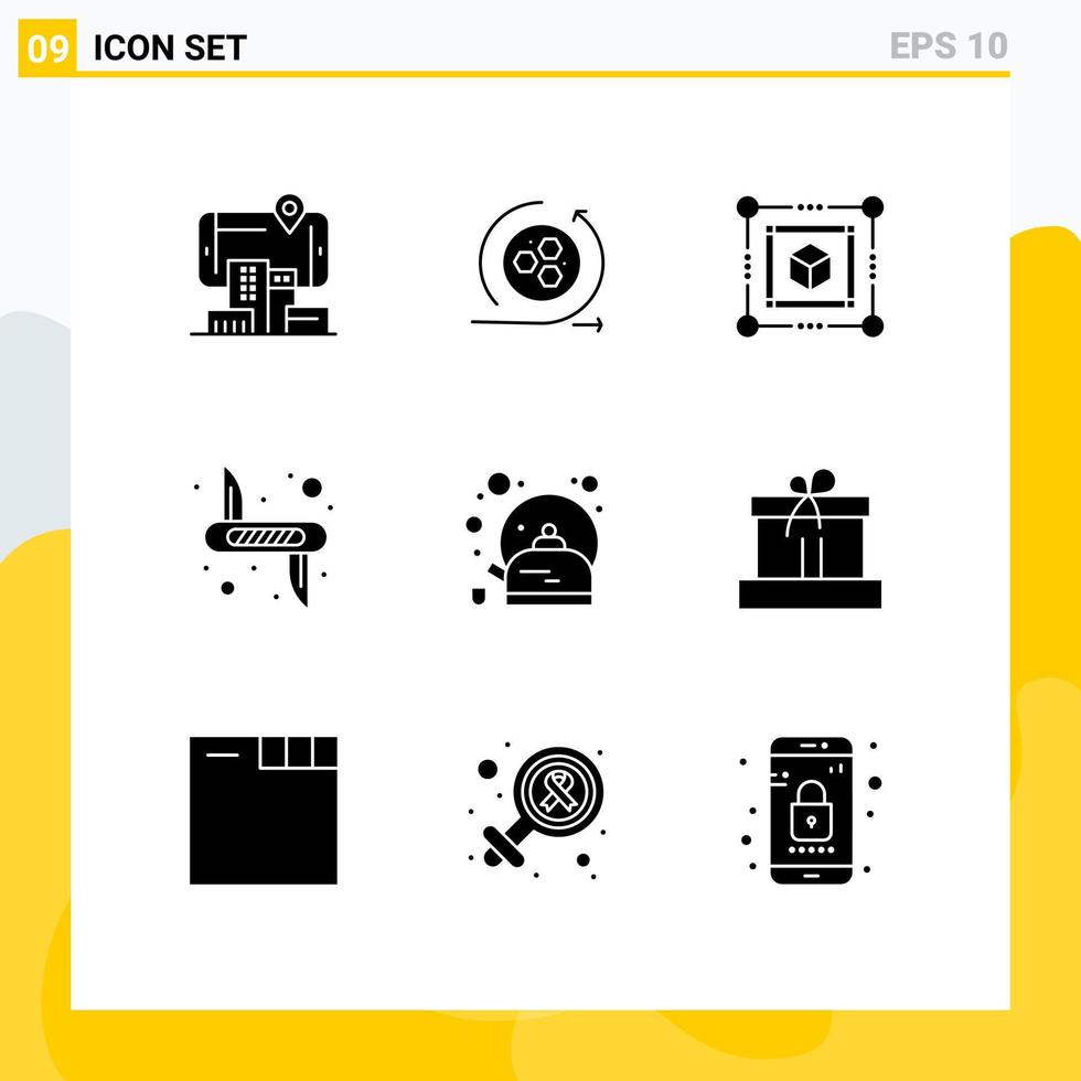 groupe de 9 signes et symboles de glyphes solides pour les éléments de conception vectoriels modifiables de l'armée de la boîte de sécurité du pot victorinox vecteur