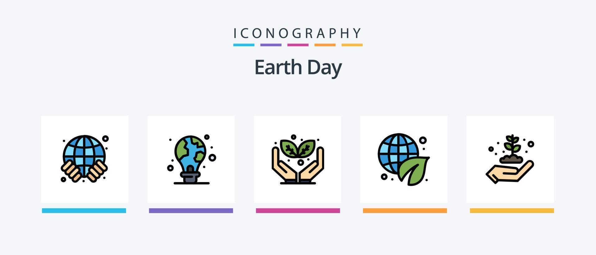 ligne de jour de la terre remplie de 5 packs d'icônes comprenant une ampoule. vert. globe. protection. équipement. conception d'icônes créatives vecteur