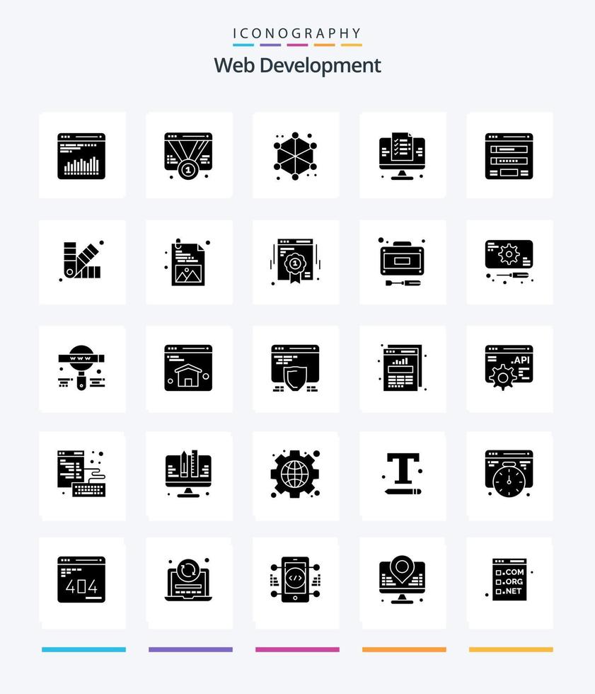 développement web créatif pack d'icônes noir solide 25 glyphes tel qu'un organigramme. la toile. la toile. page. la toile vecteur