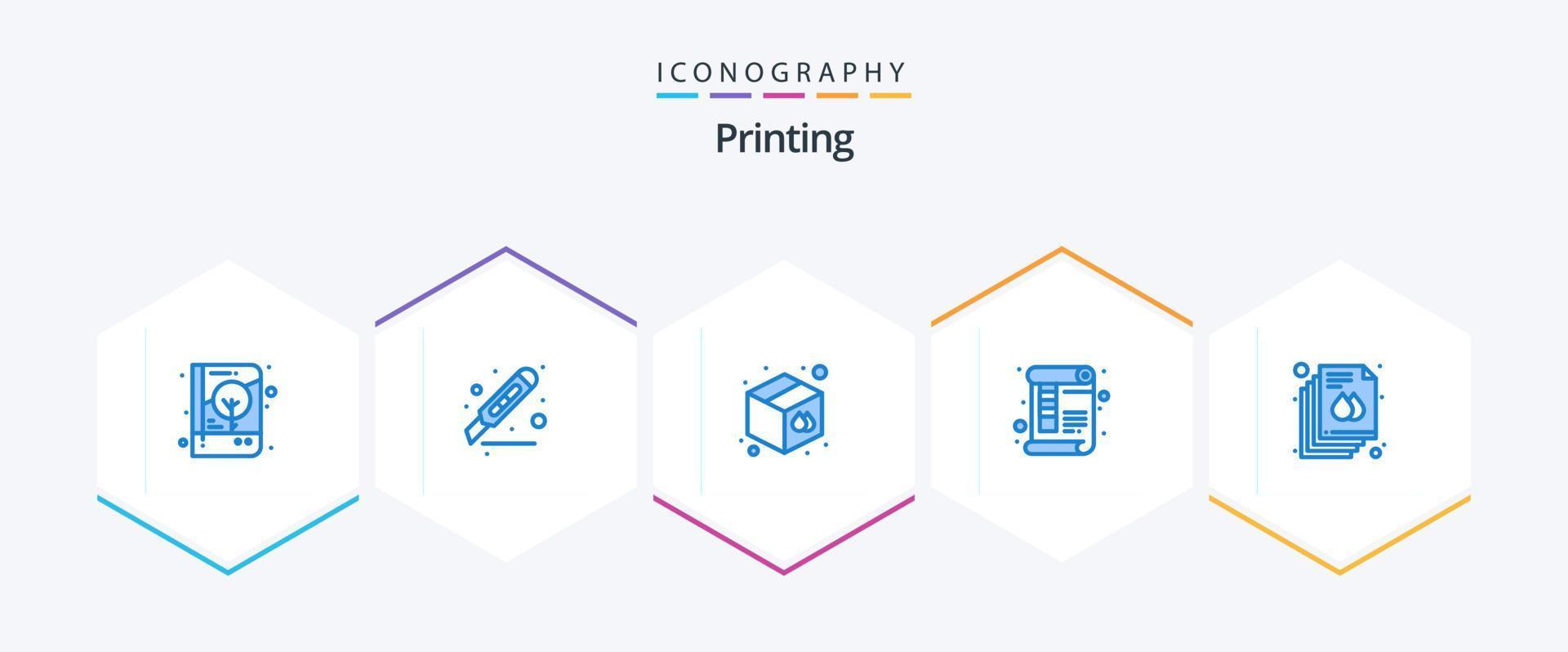 impression de 25 packs d'icônes bleues comprenant l'impression. page. Bureau. document. entrepôt vecteur