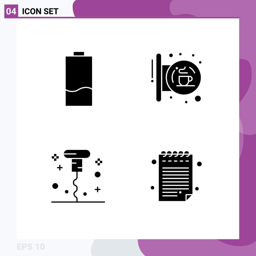 pack de glyphes solides de 4 symboles universels d'éléments de conception vectoriels modifiables de tire-bouchon de café d'énergie de signal de batterie vecteur