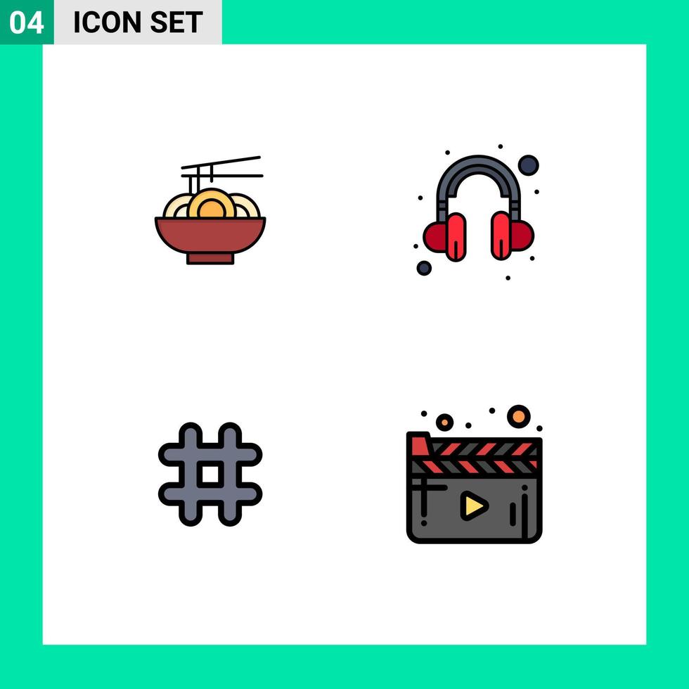 ensemble moderne de 4 couleurs et symboles plats remplis tels que le tweet de nouilles chinois supportant les éléments de conception vectoriels modifiables du cinéma vecteur