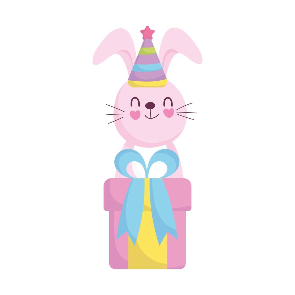 douche de bébé, lapin mignon avec chapeau et dessin animé de boîte-cadeau, annonce la carte de bienvenue du nouveau-né vecteur