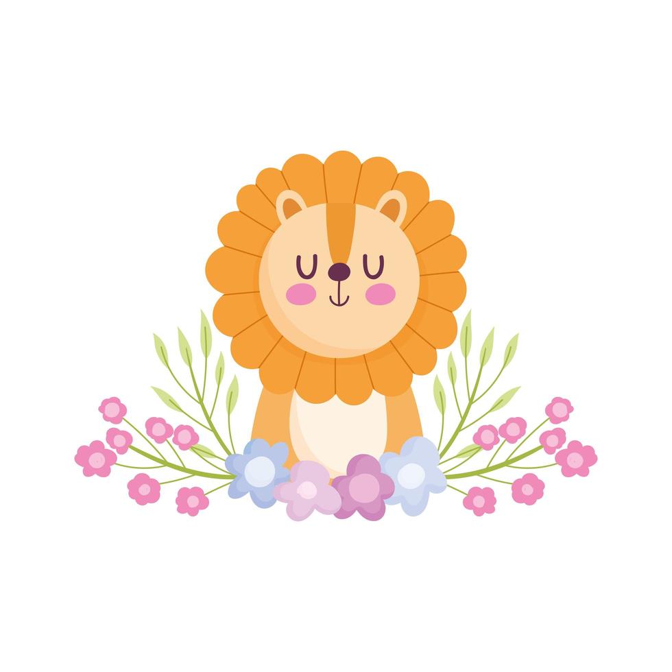 douche de bébé, lion mignon avec dessin animé de fleurs, annonce une carte de bienvenue nouveau-né vecteur