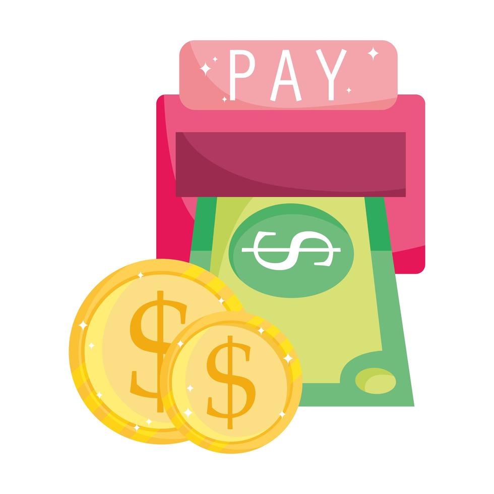 paiement en ligne, billets de banque et pièces de monnaie bouton de paiement ATM, achats sur le marché du commerce électronique, application mobile vecteur