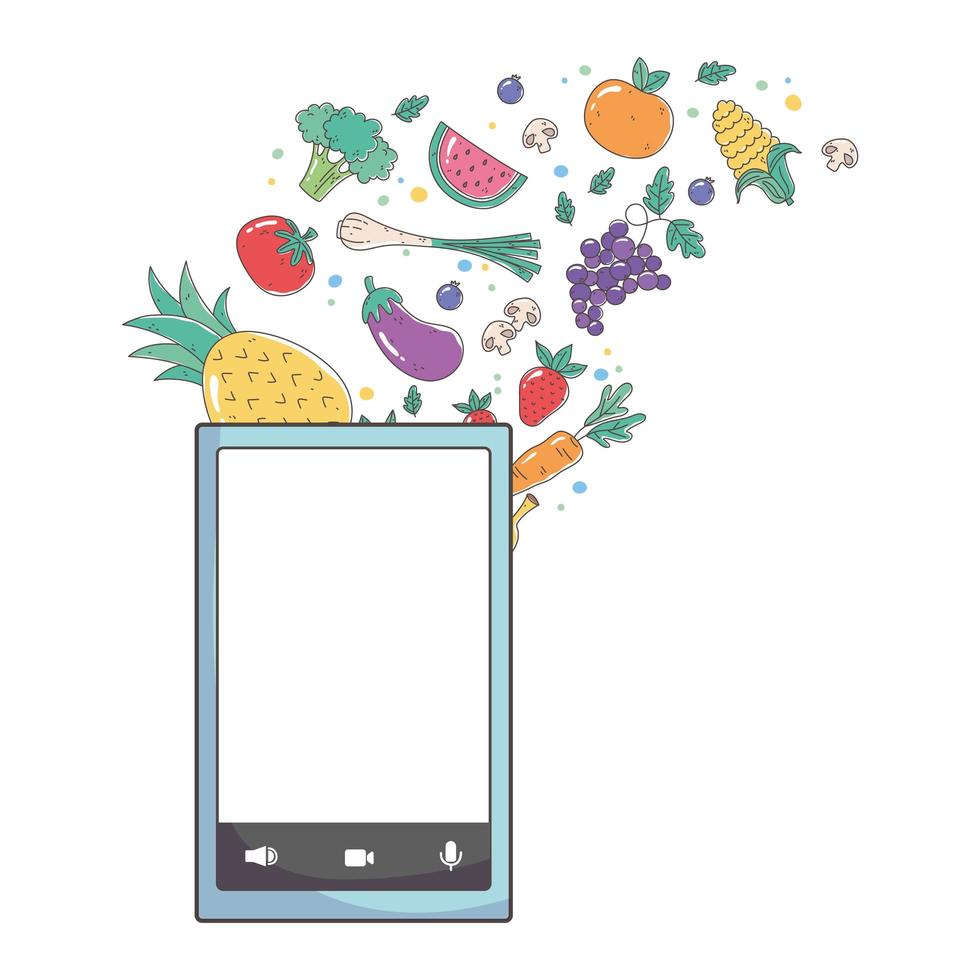 marché frais smartphone fruits et légumes alimentation saine bio vecteur