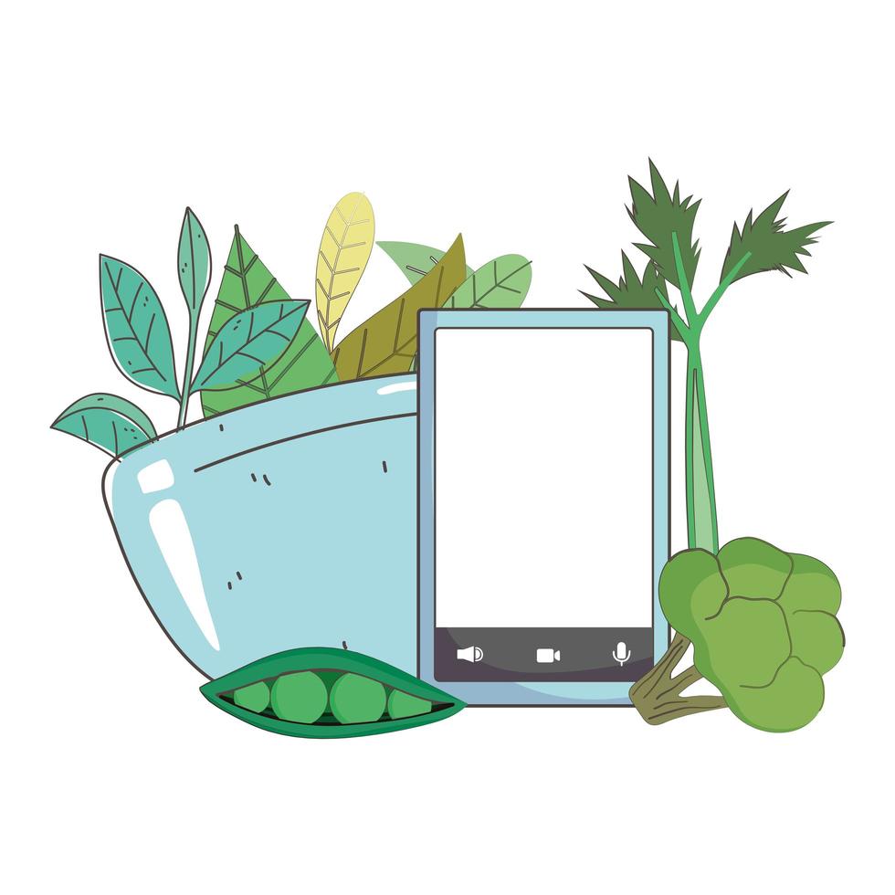 Bol de smartphone du marché frais avec brocoli aux pois, légumes biologiques sains vecteur