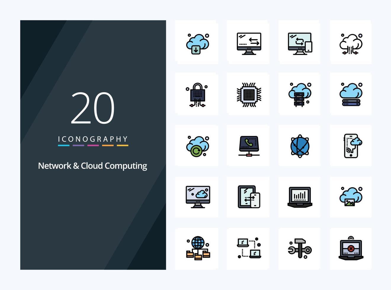 20 icône remplie de ligne de réseau et de cloud computing pour la présentation vecteur