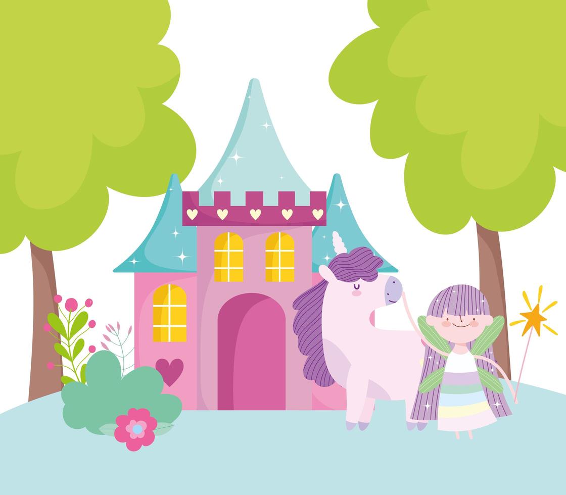 petite fée princesse château de licorne magie conte fantastique dessin animé vecteur