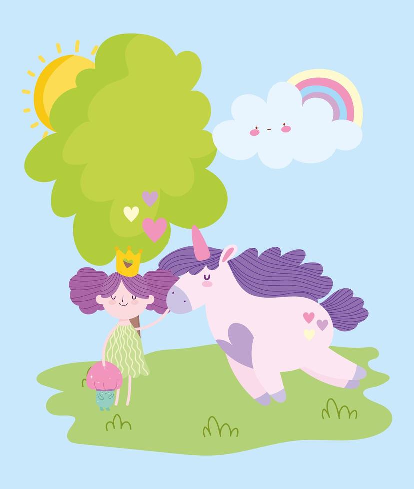 petite fée princesse champignon licorne mignon et dessin animé de conte arc en ciel vecteur